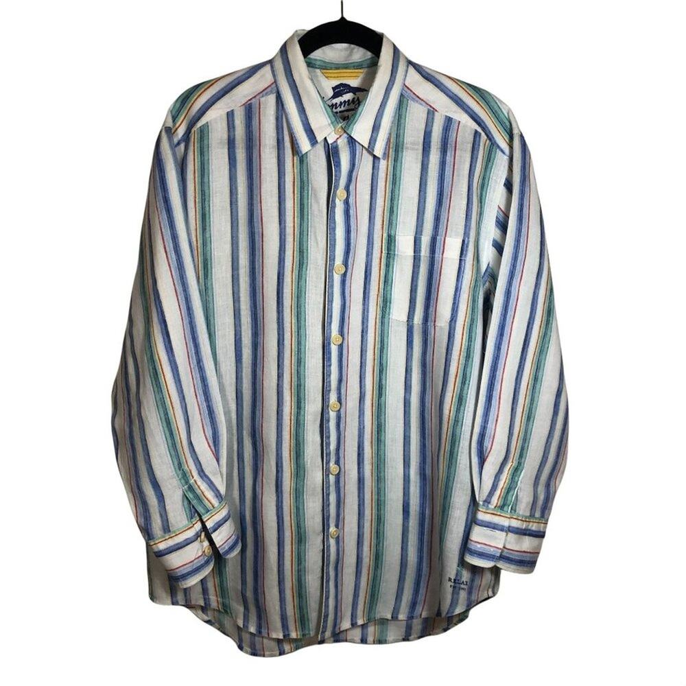 Tommy Bahama Mens Medium Multicolored Stripe Button Up 100% Linen Dress Shirt
